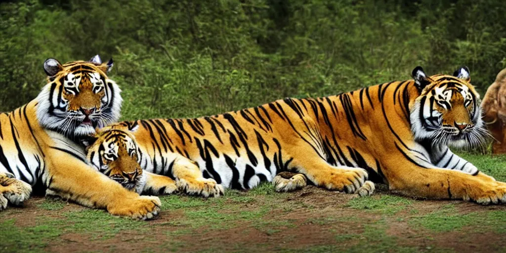 Image similar to a tiger lying next to a lion and a human approaching them