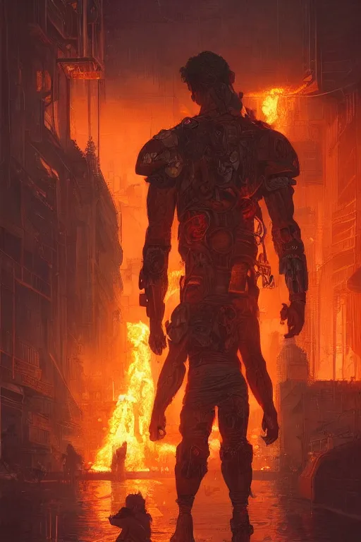 Image similar to in the foreground a brown man from behind with flames in his hands second plan paris in cyberpunk, intricate, highly detailed, digital painting, artstation, concept art, matte, sharp focus, illustration, art by artgerm and greg rutkowski and alphonse mucha