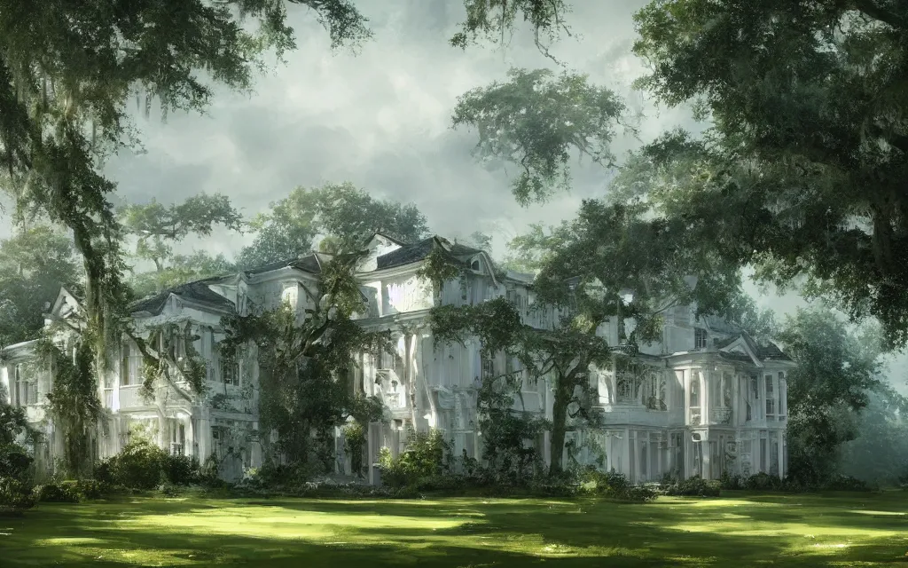 Image similar to a white manor house on a lush southern plantation with a tree-lined driveway, romanticism, hyperdetailed, artstation, cgsociety, 8k, masterpiece, sharp