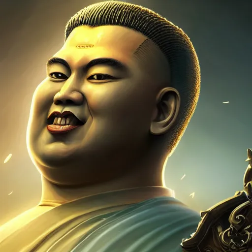 Prompt: portrait of kim - jong un as buddha, league of legends amazing splashscreen artwork, gears of war, splash art, natural light, elegant, photorealistic facial features, intricate, fantasy, detailed face, atmospheric lighting, anamorphic lens flare, cinematic lighting, league of legends splash art, hd wallpaper, ultra high details by greg rutkowski