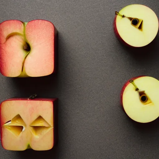 Image similar to dlsr food photograph of an apple shaped as a perfect cube, corners, square, cube, dice, 5 0 mm f 1. 4