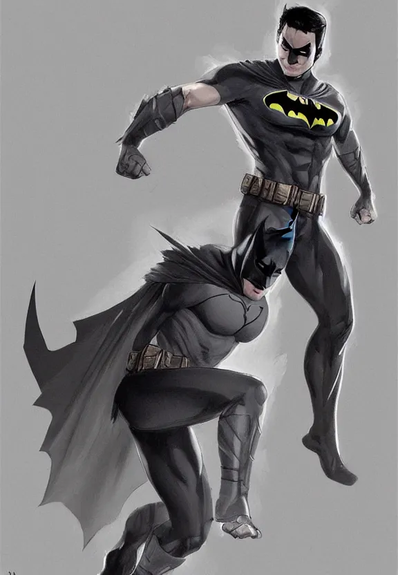 Image similar to a cute calm handsome young adult male muscular slim blu skin batman with grey light tight clothes concept art in the style of lee bermejo and greg rutkowski