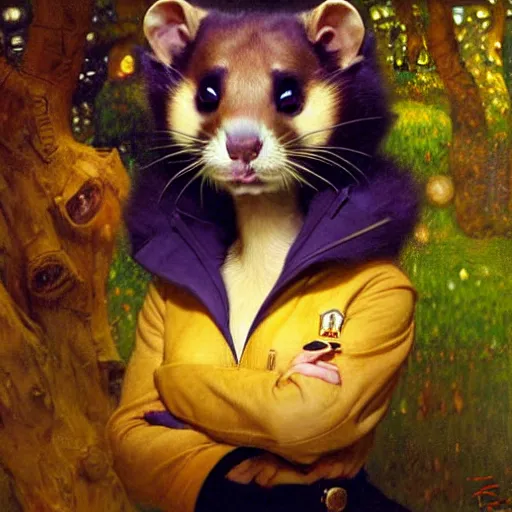 Image similar to a portrait of a female ferret in starfleet uniform at night in a dark forest. zootopia fursona furaffinity furry art detailed face painting by gaston bussiere craig mullins jc leyendecker gustav klimt artgerm greg rutkowski furry