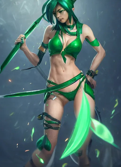 Image similar to akali, from league of legends, green daggers, hyper detailed, digital art, trending in artstation, cinematic lighting, studio quality, smooth render, unreal engine 5 rendered, octane rendered, art style by klimt and nixeu and ian sprigger and wlop and krenz cushart