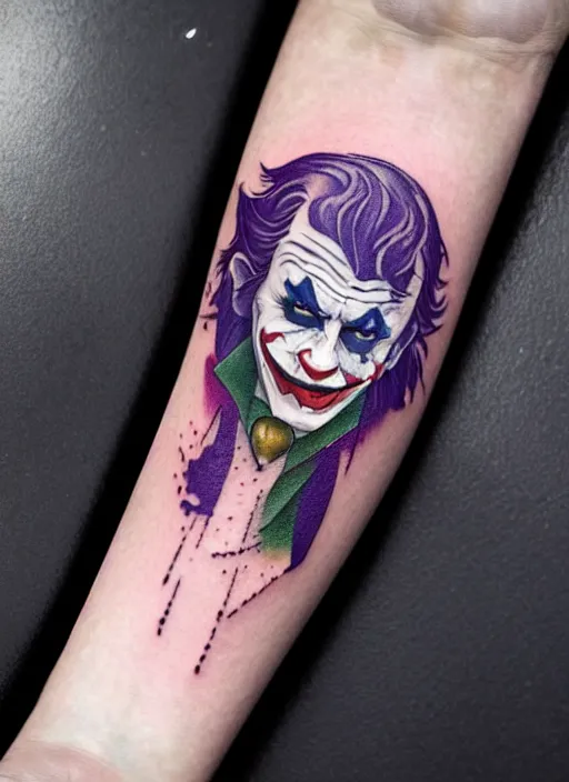 Image similar to a tattoo design of a joker girl holding an ace, hyper realistic