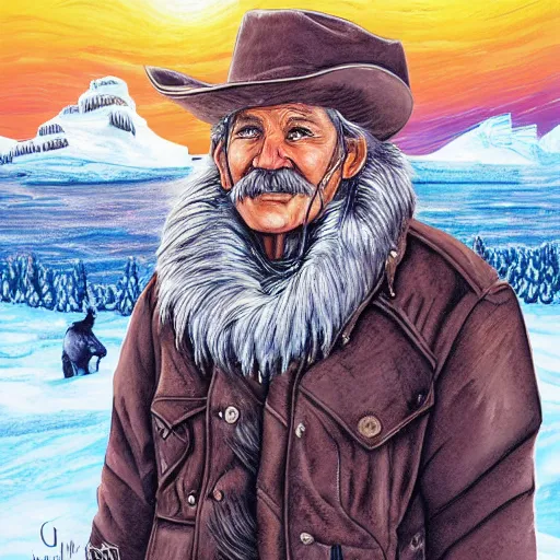 Prompt: old cowboy in the arctic, art by jen bartel, highly detailed