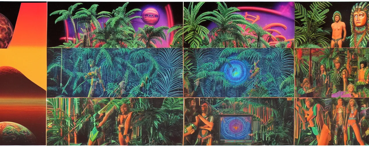 Image similar to 1978 cut out collage, science fiction movie set, neon aztec, break of dawn on Jupiter, epic theater , tropical ambience, ancient fern, electro schematics, film noir, in part by Alex Grey, part by Hale Woodruff