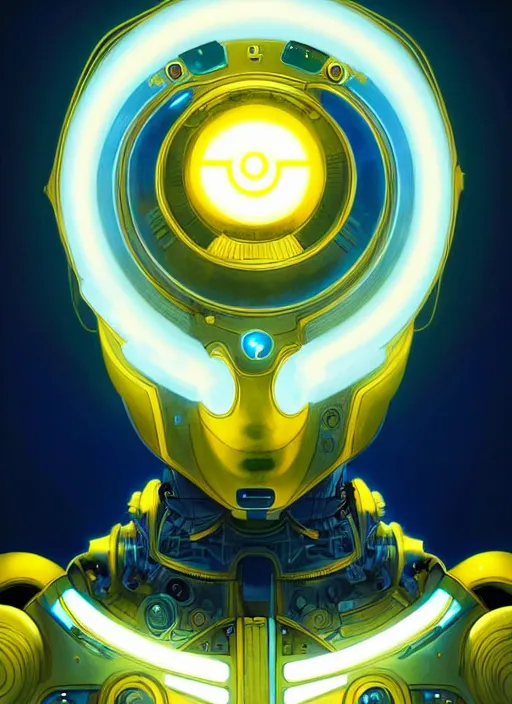 Image similar to symmetry portrait of a robot grinning, sci - fi, tech wear, blue and yellow glowing lights, intricate, elegant, highly detailed, digital painting, artstation, concept art, smooth, sharp focus, illustration, art by artgerm and greg rutkowski and alphonse mucha