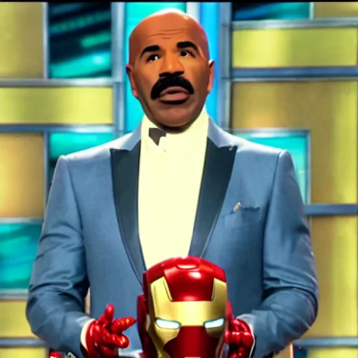 Image similar to film still of Steve Harvey as Iron Man, hosting Family Feud