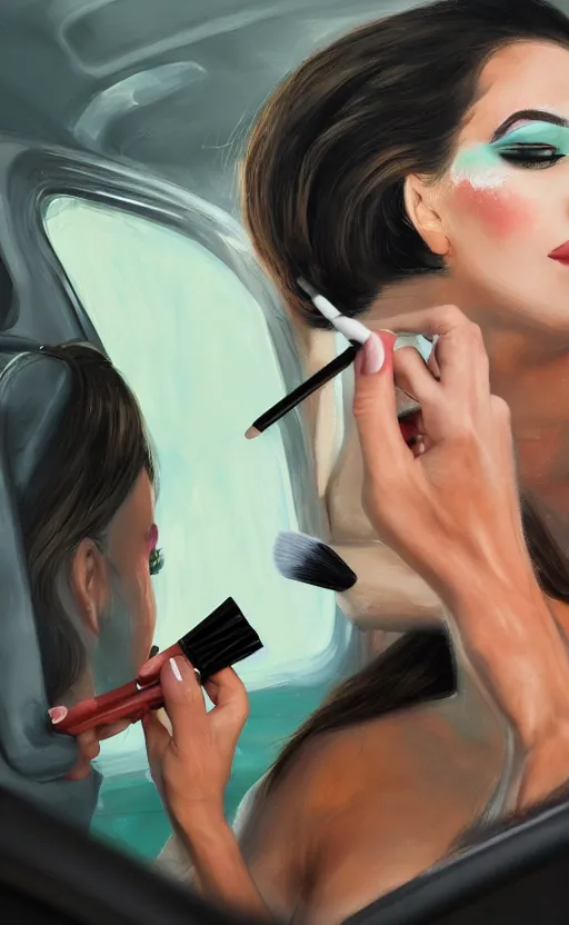Prompt: detailed painting of a woman applying makeup in the car. vibrant, high quality, very funny, beautiful, hq. hd. 4 k. award winning. trending on artstation