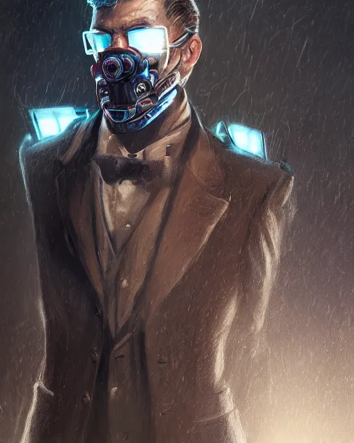 Image similar to a rugged young engineer man with cybernetic enhancements wearing a suit and bowtie, detailed face with mask, scifi character portrait by greg rutkowski, esuthio, craig mullins, 1 / 4 headshot, cinematic lighting, dystopian scifi gear, gloomy, profile picture, mechanical, half robot, implants, steampunk