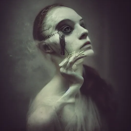 Image similar to dark ballerina, emil melmoth, portrait, concept art, deviantart, dark, 3 5 mm, chiaroscuro, surrealist, victorian, mist, dark