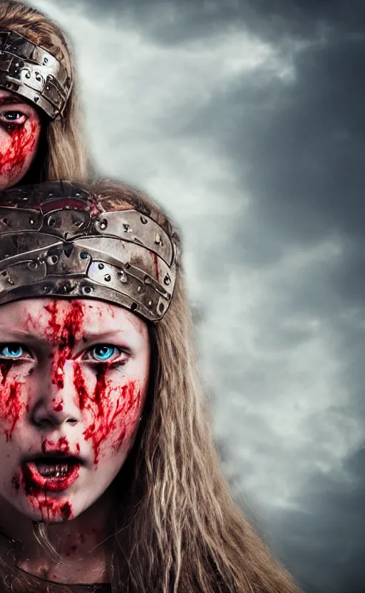 Prompt: photorealistic photograph of beautiful female teen viking warrior with large angry eyes, bloody, cinematic,