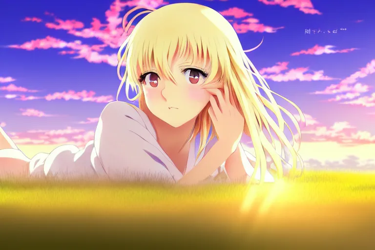 Anime, Young Female, Long Blonde Hair and Large Eyes, Golden Hour Sunset  Lighting Poster 