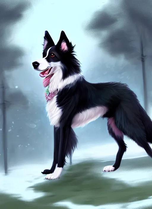 Prompt: full body digital painting of a cute male anthropomorphic border collie fursona wearing a jacket in front of a park, furaffinity, scenic background, intricate, elegant, beautiful, fantasy, highly detailed, trending on artstation, art by charlie bowater, henry asencio, and ross tran