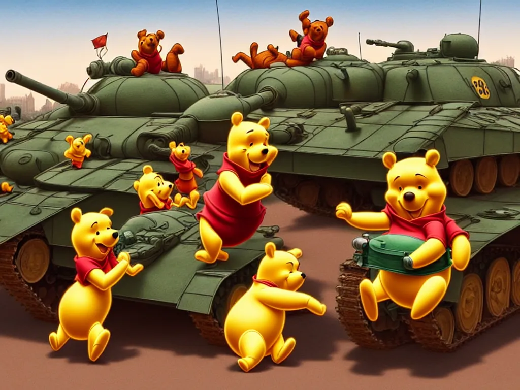 Prompt: winnie the pooh with tanks at tiananman square, cute and cuddly, highly detailed, photorealistic, octane render, 8 k, unreal engine. art by artgerm and greg rutkowski and alphonse mucha