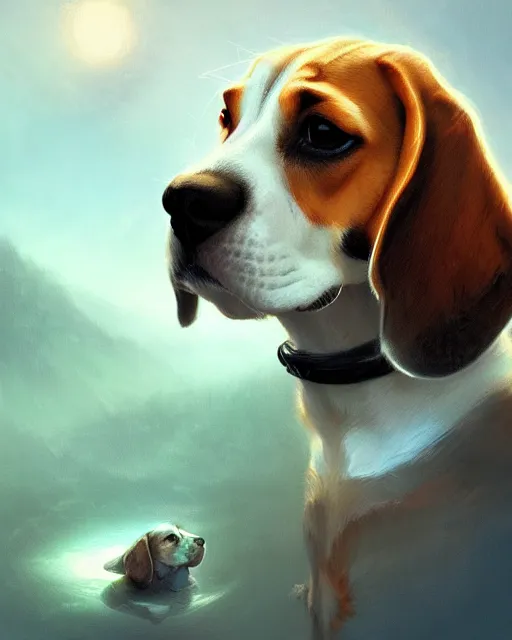 Image similar to cute beagle, perfect face, cinematic, stunning, adorable, highly detailed, psychedelic, digital painting, artstation, smooth, hard focus, illustration, art by jessica rossier and and brian froud