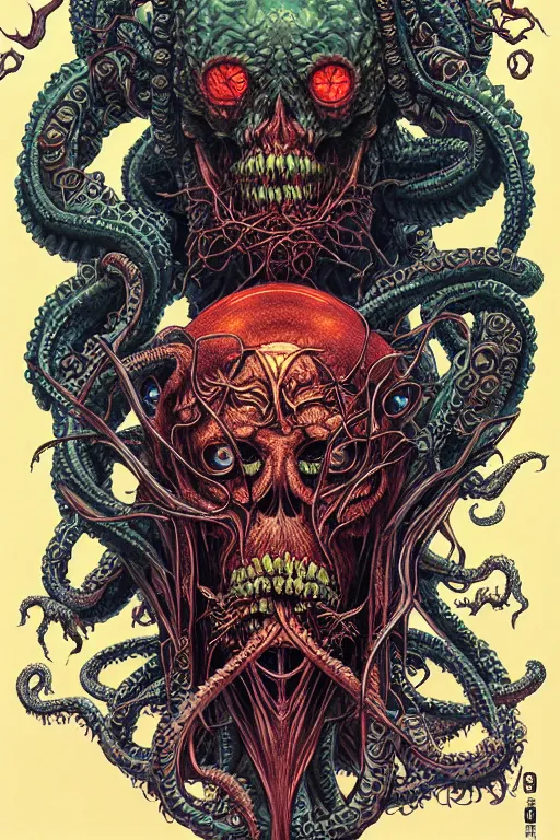 Prompt: portrait of crazy cthulhu skeletor, symmetrical, by yoichi hatakenaka, masamune shirow, josan gonzales and dan mumford, ayami kojima, takato yamamoto, barclay shaw, karol bak, yukito kishiro