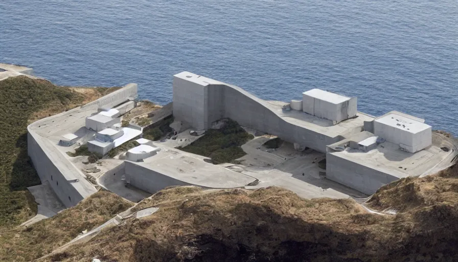 Image similar to big military base perched on a cliff overlooking a magnificient bay, laboratory, drawing architecture, pritzker architecture prize, greig fraser