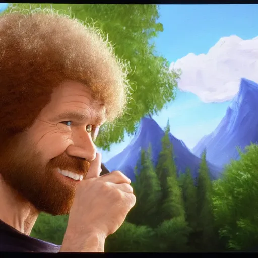 Image similar to a closeup photorealistic photograph of bob ross working on a canvas painting of spiderman. film still. brightly lit scene. mountains and trees. this 4 k hd image is trending on artstation, featured on behance, well - rendered, extra crisp, features intricate detail, epic composition and the style of unreal engine.