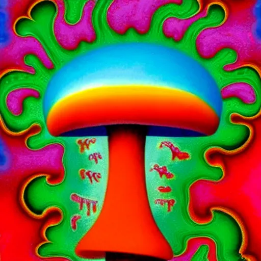 Image similar to a colorful fractal 3 d mushroom in a psychedelic world, peace and love, by peter max and mark ryden