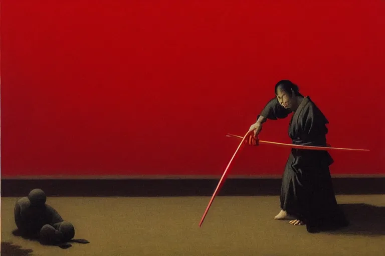 Image similar to only with red, a red samurai do seppuku, tokio, a lot of frogs watch, in the style of beksinski, parts by edward hopper, parts by rodcenko, parts by yue minjun, intricate and epic composition, red by caravaggio, insanely quality, highly detailed, masterpiece, red light, artstation, 4 k