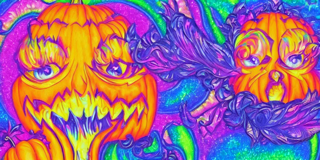 Image similar to lisa frank painting carved pumpkin faces, textured canvas, kawaii holographic, detailed facial expression, surrealism aesthetic