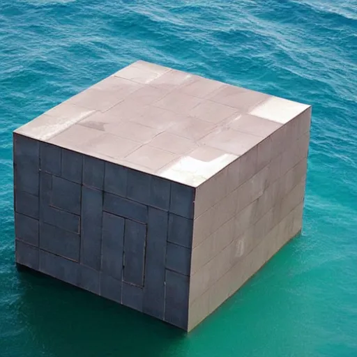 Image similar to A cube in the middle of the sea in the style of Richard Serra