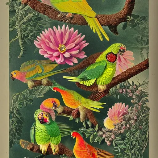 Image similar to beautiful elegant ernst haeckel fauna illustration of many greek cheek conures and flowers, ( greek cheek conure ) ( green cheeked parakeet ) ( pyrrhura molinae )