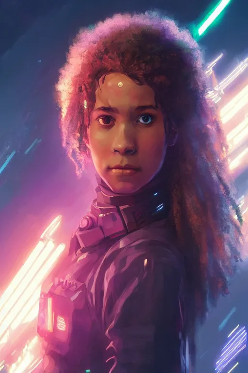 Image similar to portrait of cyborg Hermione Granger in cyberpunk, neon lighting, night city, digital art from artstation by Ruan Jia and Mandy Jurgens and Artgerm and william-adolphe bouguereau and Greg Rutkowski and Wayne Barlowe