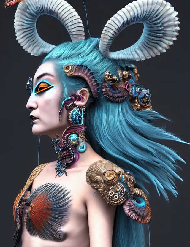 Image similar to 3 d goddess close - up profile portrait punk with mohawk with ram skull. beautiful intricately detailed japanese crow kitsune mask and clasical japanese kimono. betta fish, jellyfish phoenix, bio luminescent, plasma, ice, water, wind, creature, artwork by tooth wu and wlop and beeple and greg rutkowski