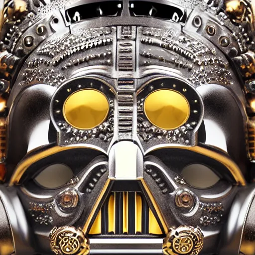 Image similar to A close up symmetric steampunk darth vader mask with sparkling eyes made from ornate engraved full plate armor and Rolex gears and jewels and gems, macro shot by Justin Gerard, unreal engine, detailed, intricate, physically based rendering