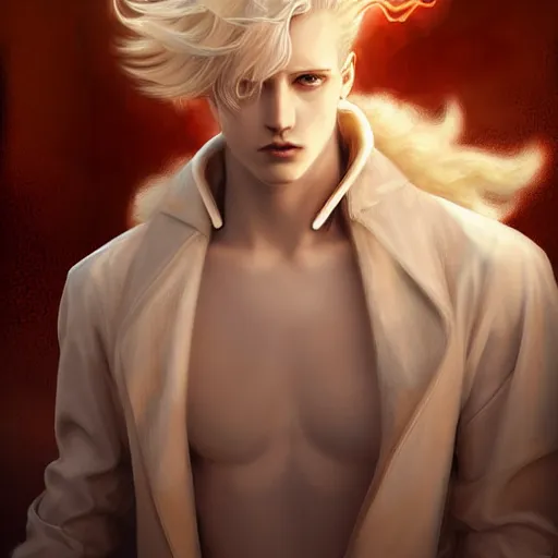 Image similar to digital art of a pale menacing male Cyborg Angel of Battle with fluffy blond curls of hair and piercing eyes, johan liebert mixed with Dante, central composition, he commands the fiery power of resonance and wrath, very very long blond curly hair, baroque curls, by WLOP, Artstation, CGsociety