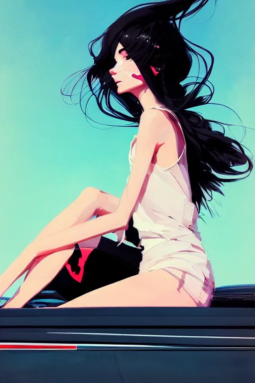 Image similar to a ultradetailed beautiful portrait panting of a stylish woman sitting on a car, by conrad roset, greg rutkowski and makoto shinkai, trending on artstation