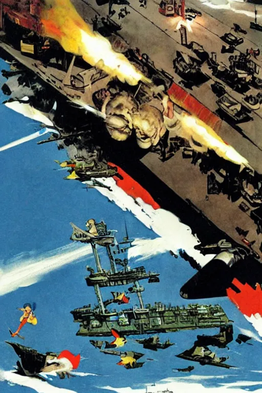 Image similar to full page illustration of tintin tearing apart an aircraft carrier, by alex ross, phil hale,