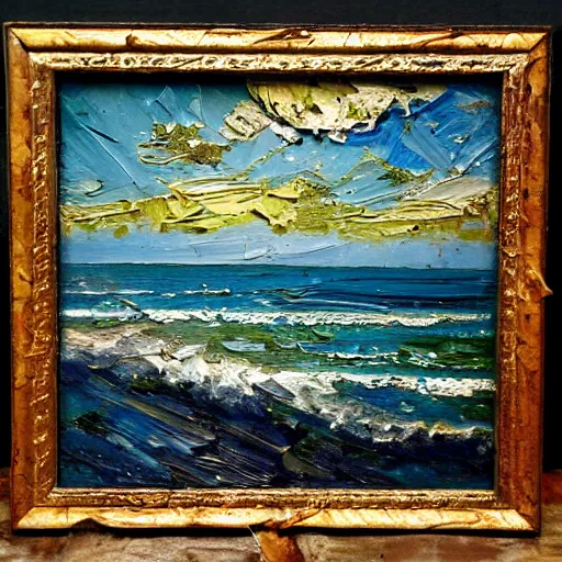 Image similar to oil paint impasto relief, beautiful evening italian beach scene, stormy rough sea, multi layered thick brush marks, some splattered paint, in the style of ivan shishkin and frank auerbach and van gogh