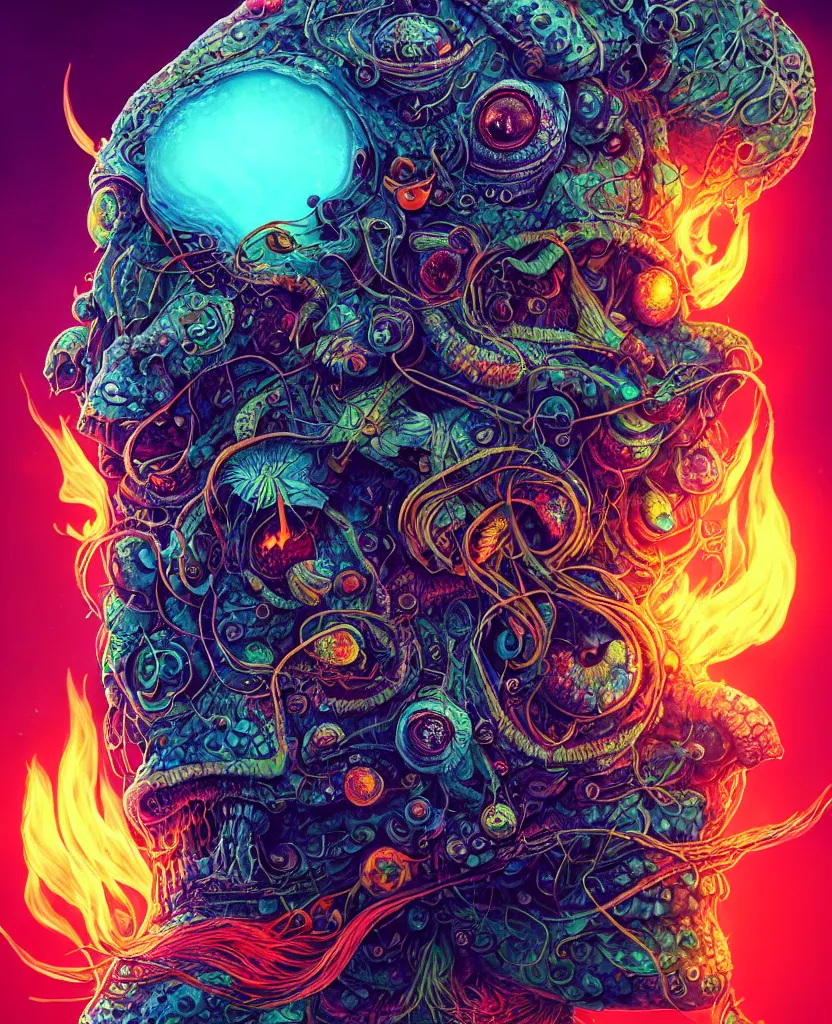 Image similar to psychedelic shaman close-up portrait. amanita muscaria phoenix head, nautilus, insect, skull, ice and fire, bioluminiscent creatures, intricate artwork by Tooth Wu and wlop and beeple. octane render, trending on artstation, greg rutkowski very coherent symmetrical artwork. cinematic, hyper realism, high detail, octane render, 8k