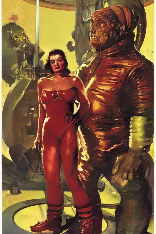 Image similar to full body portrait of fat dorian yates as demon chief standing beside elegant space woman in latex spacesuit, by norman rockwell, jack kirby, jon berkey, earle bergey, craig mullins, ruan jia, jeremy mann, tom lovell, marvel, astounding stories, 5 0 s pulp illustration, scifi, fantasy, artstation creature concept