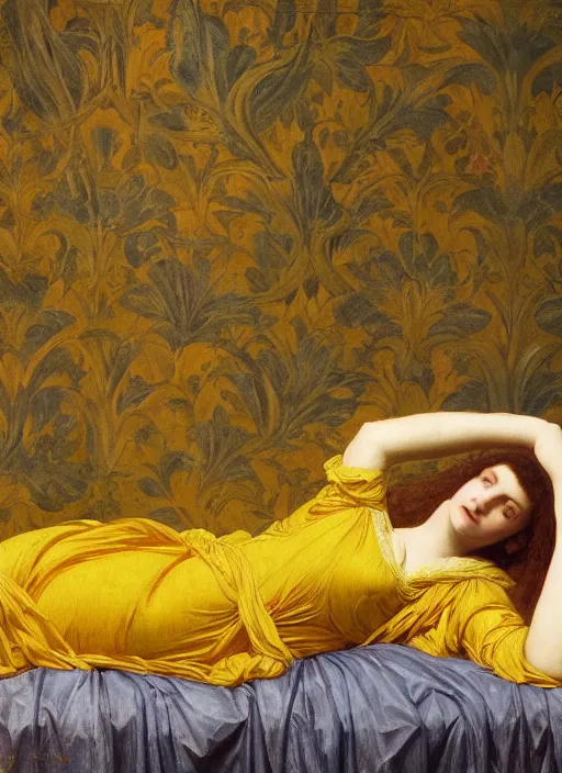 Image similar to masterpiece portrait of lady reclining on bed wearing yellow ochre ornate medieval dress, vertical, foreshortening, colour photography by frederic leighton, william morris, 8 k