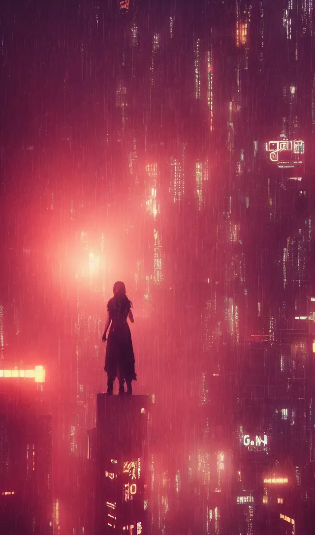 Image similar to a girl with silver long hair and red dress standing on a rooftop in a cyberpunk city, blade runner, nighttime, rain, intricate artwork by tooth wu and wlop and beeple, octane render, hyper realism, 8 k