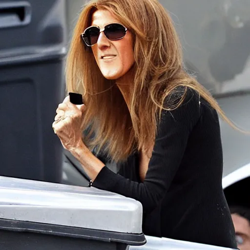 Image similar to celine dion crying, outside in dumpster lot