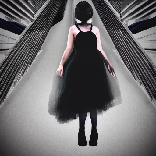 Prompt: girl in a black dress leaning against a bridge rail, chromatic aberration, glitch art,