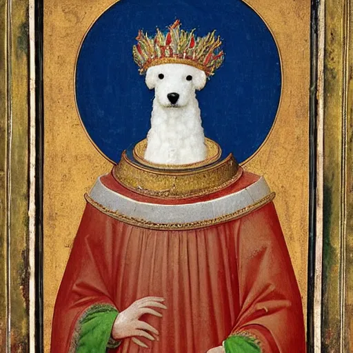 Prompt: portrait of a white poodle as an italian queen, painting by giotto di bondone, 1 3 0 0