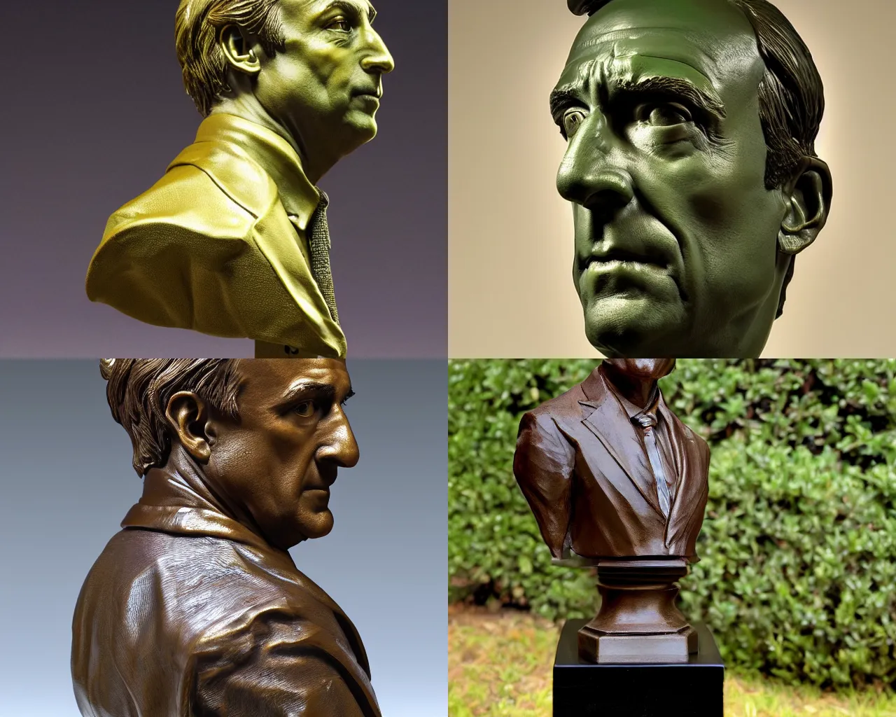 Prompt: A detailed luminous bronze bust of Saul Goodman. Close angle