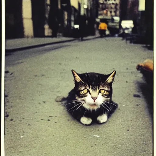 Image similar to wide-shot low-angle cat's eyesight photo of stray cat and a banana peel at the street in New York, polaroid photo, by Andy Warhol, signed