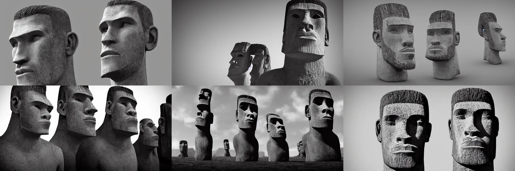 Prompt: Gigachad as an Easter Island head, trending on artstation, unreal engine, artstationHQ, black and white, studio lighting, studio photo