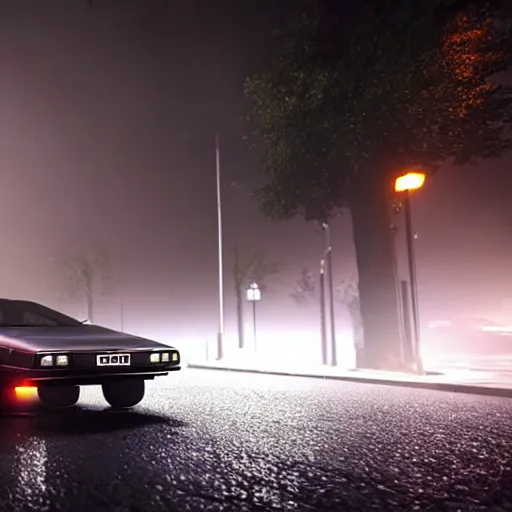 Image similar to hyperdetailed, photorealistic photograph of a dmc 1 2 delorean driving in the streets, rain, night, dense fog, hd, unreal engine 5