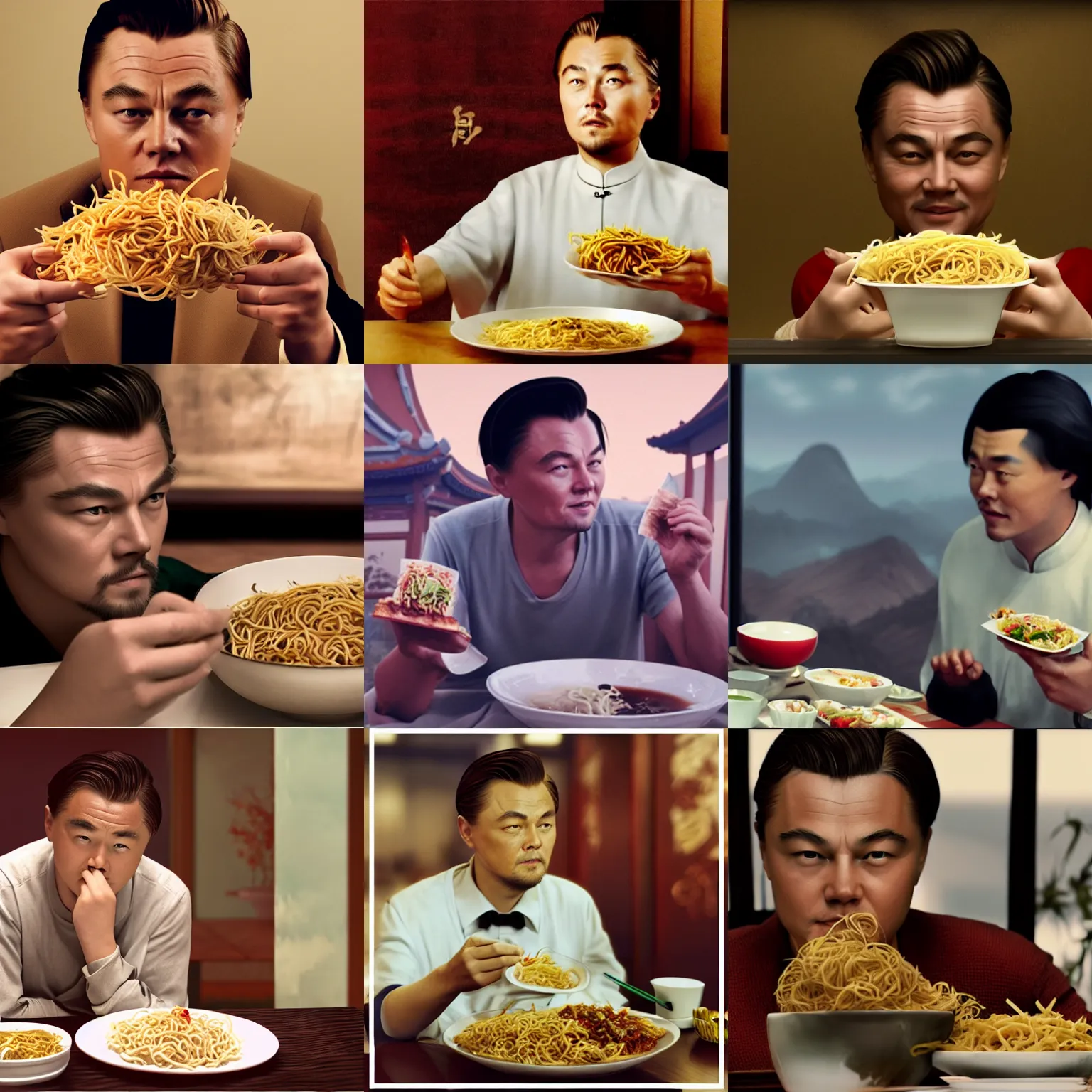 Prompt: a chinese leonardo dicaprio eating chow mein in ancient china, octane render, rule of thirds, sigma look, beautiful