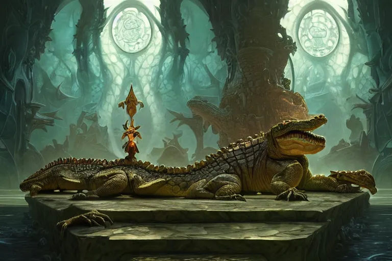 Prompt: crocodile god throne room, menacing statues of reptiles, deep focus, d & d, fantasy, intricate, elegant, highly detailed, digital painting, artstation, concept art, matte, sharp focus, illustration, hearthstone, art by artgerm and greg rutkowski and alphonse mucha