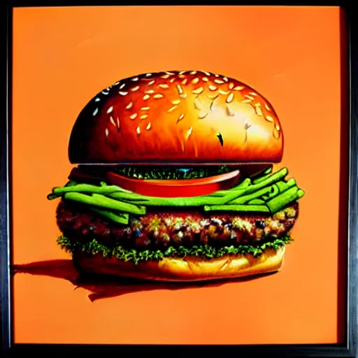 Image similar to painting of a burger with a mouth in the style of beksinski